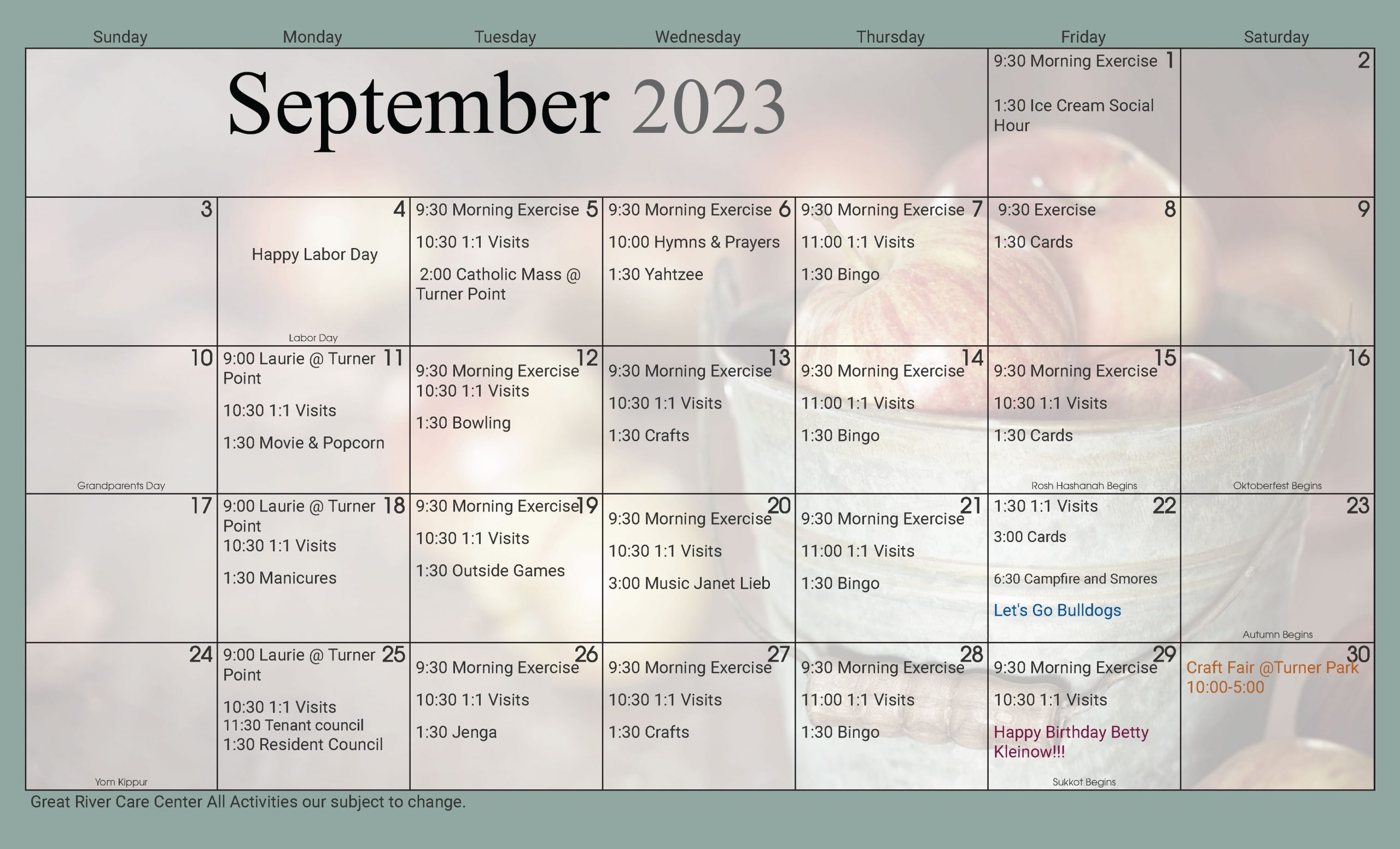 Long Term Care Calendar September